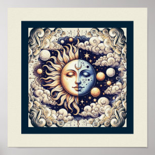 Vintage Celestial Halve Zon & Maan Blauw Geel Poster