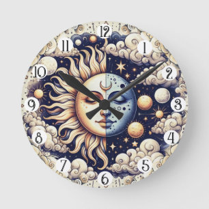 Vintage Celestial Halve Zon & Maan Blauw Geel Ronde Klok
