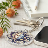 Vintage Celestial Halve Zon & Maan Blauw Geel Sleutelhanger (Voorkant Rechts)
