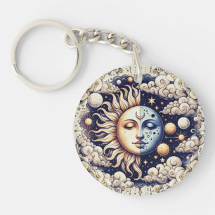 Vintage Celestial Halve Zon & Maan Blauw Geel Sleutelhanger