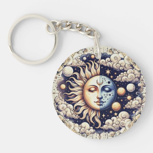 Vintage Celestial Halve Zon & Maan Blauw Geel Sleutelhanger (Voorkant)
