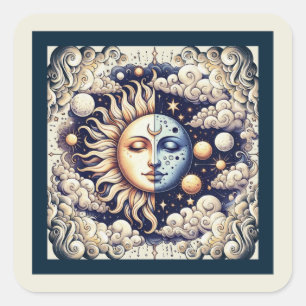 Vintage Celestial Halve Zon & Maan Blauw Geel Vierkante Sticker