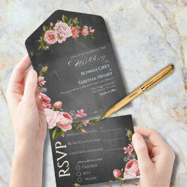 Vintage Chalkboard Boho Floral wedding  All In One Uitnodiging