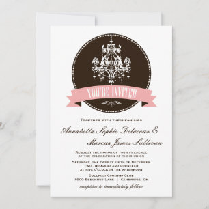 Vintage Chandelier Pink en Brown Wedding Invitati Kaart