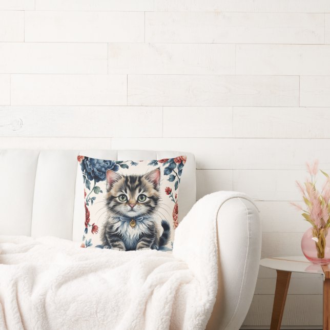 Vintage Chaton en Bloemen Kussen (Bank)