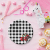 Vintage Cherries black white gingham Papieren Bordje (Feest)