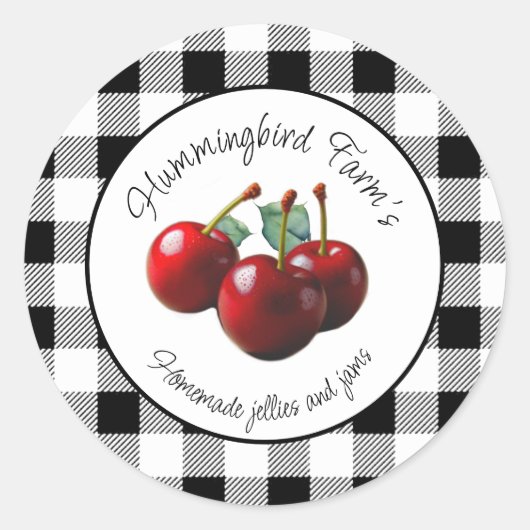 Vintage Cherries black white gingham Ronde Sticker (Voorkant)