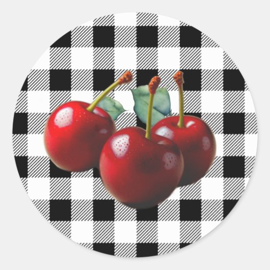 Vintage Cherries black white gingham Ronde Sticker (Voorkant)