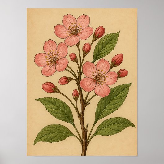 Vintage Cherry Blossom on Weathered Paper Poster (Voorkant)