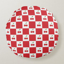 Vintage Cherry Gingham: Coquette Cottagecore Rond Kussen