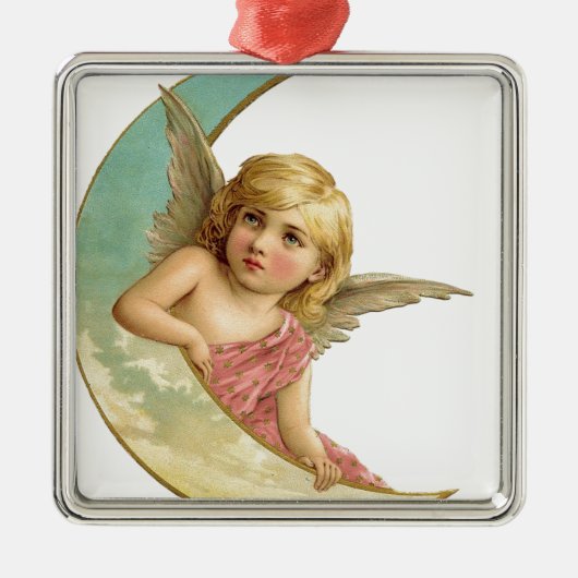 Vintage Cherub en Cresent Moon Metalen Ornament (Voorkant)