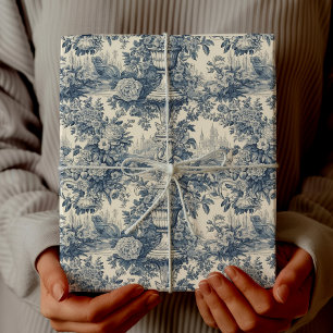 Vintage Chic Blauwe Bloem Toile de Jouy Cadeaupapier