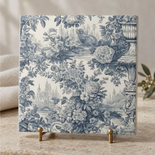 Vintage Chic Blauwe Toile Bloemige Monogram Tegeltje