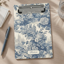 Vintage Chic Blauwe Toile de Jouy Bloemeng Monogra