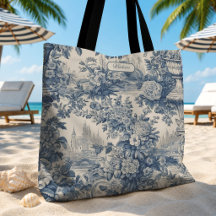 Vintage Chic Blauwe Toile de Jouy Bloemeng Monogra