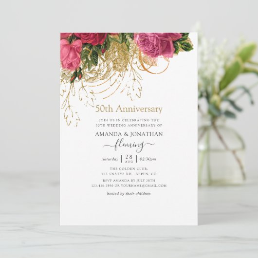 Vintage Chic Bloem 50ste huwelijksverjaardag Kaart (Staand voorkant)