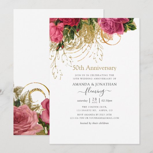 Vintage Chic Bloem 50ste Trouwdag Kaart (Voorkant / Achterkant)