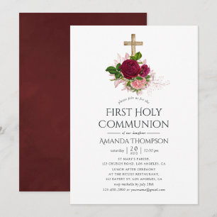 Vintage Chic Blush & Burgundy Eerste Heilige Commu Kaart