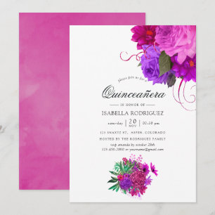 Vintage Chic Fuchsia en Paarse Bloemige Quinceañer Kaart
