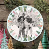 Vintage Chic Kerstboom Foto BLAUW roze Rond Feestdagenkaart
