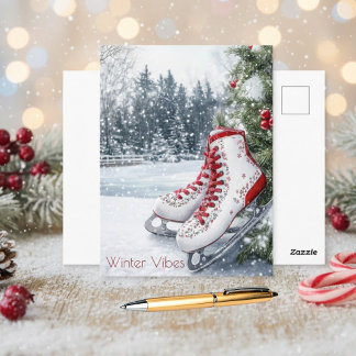 Vintage Chic Red White Ice Skates Winter Scene Briefkaart