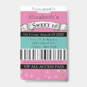 Vintage Chic Turquoise Roze VIP Sweet 16 Feest Badge