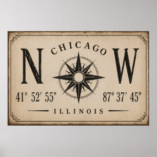 Vintage Chicago Coördinaten Muurkunst Poster