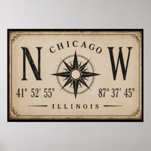 Vintage Chicago Coördinaten Muurkunst Poster