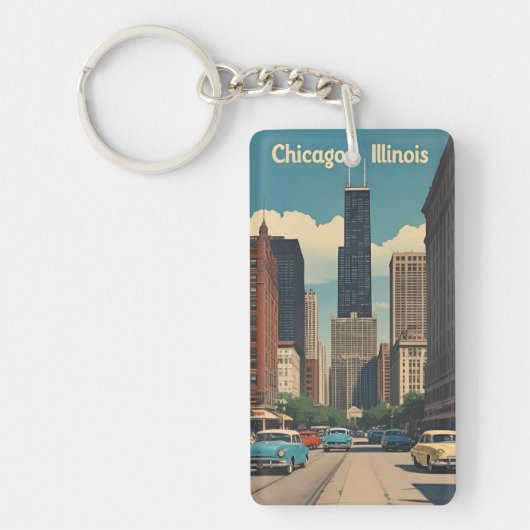 Vintage Chicago Illinois Stadssilhouet Retro Reize Sleutelhanger (Voorkant)