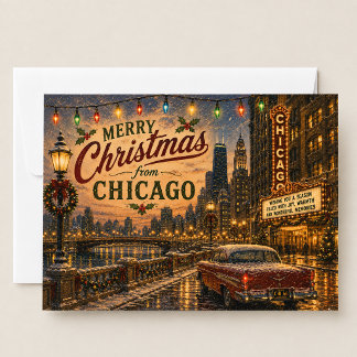 Vintage Chicago Route 66 Kerststad Lichten Feestdagenkaart