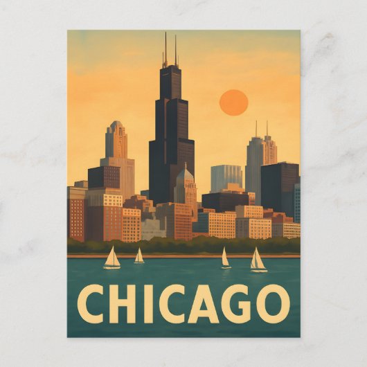 Vintage Chicago skyline, lake Michigan sailboat Briefkaart (Voorkant)