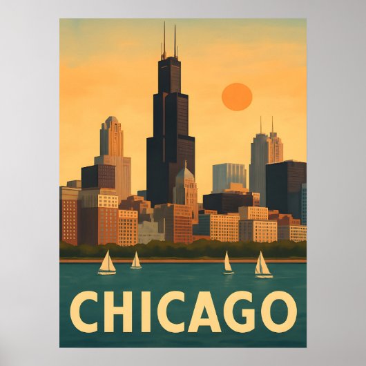 Vintage Chicago skyline, lake Michigan sailboat Poster (Voorkant)