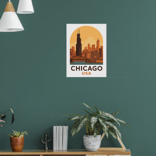 Vintage Chicago USA Reis Retro Stadssilhouet Poster