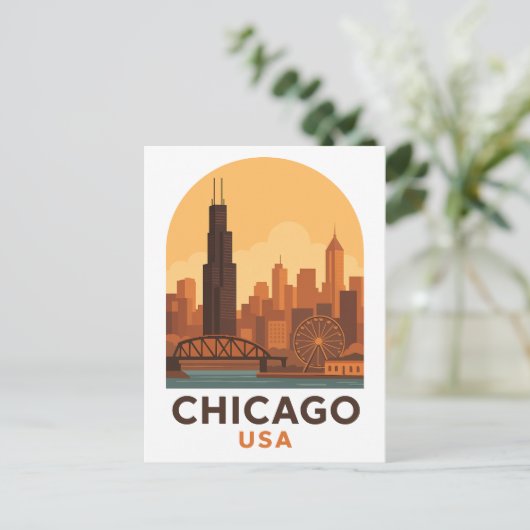 Vintage Chicago USA Travel – Retro City Sky Briefkaart (Staand voorkant)