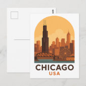 Vintage Chicago USA Travel – Retro City Sky Briefkaart (Voorkant / Achterkant)