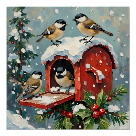 Vintage Chickadees on Snowy Christmas Mailbox Perfect Poster (Voorkant)