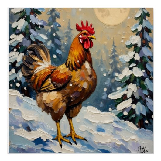 Vintage Chicken in Snowy Christmas Wonderland Perfect Poster (Voorkant)