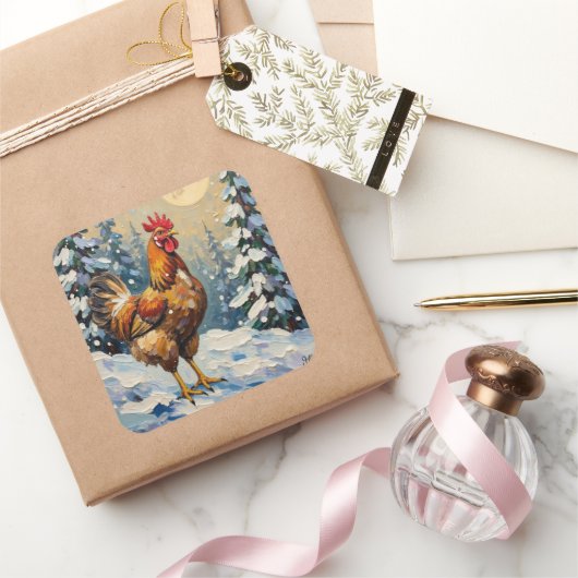 Vintage Chicken in Snowy Christmas Wonderland Vierkante Sticker (Geschenken)