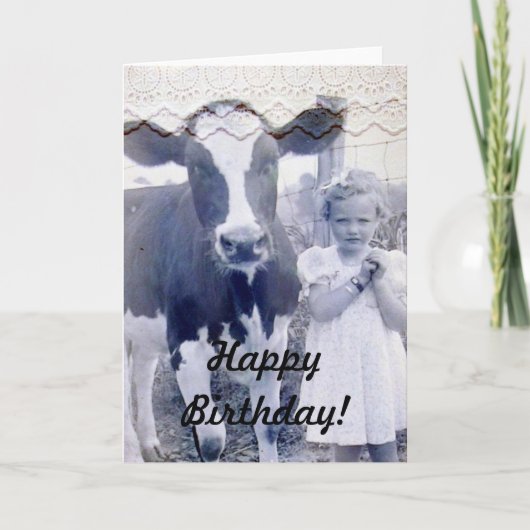 Vintage Child and Cow Birthday CArd Kaart (Voorkant)