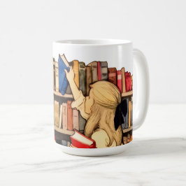 Vintage Child Girl at Library Bookshelf Coffee Mug Koffiemok