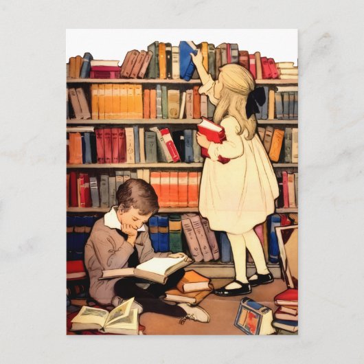 Vintage Children Reading Library Books PostCard Briefkaart (Voorkant)