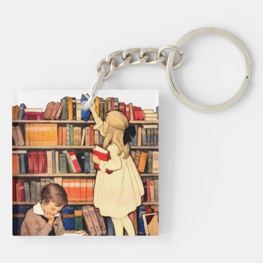 Vintage Children Reading Library Books Sleutelhanger (Achterkant)