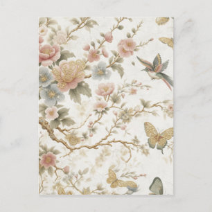 Vintage Chinees bloempatroon met kolibrie Briefkaart