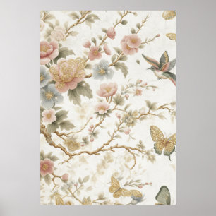 Vintage Chinees bloempatroon met kolibrie Poster