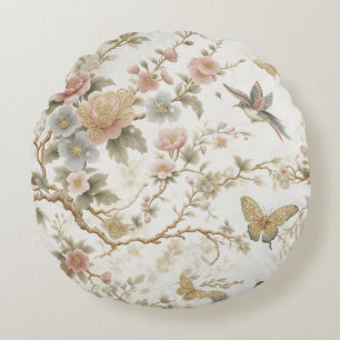 Vintage Chinees bloempatroon met kolibrie Rond Kussen