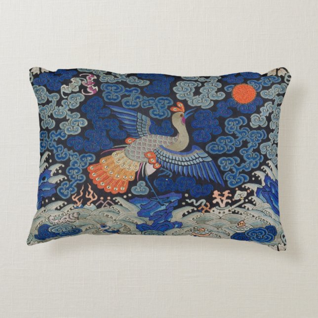 Vintage Chinees Kraanpatroon: Imperiaal Blauw Accent Kussen (Achterkant)