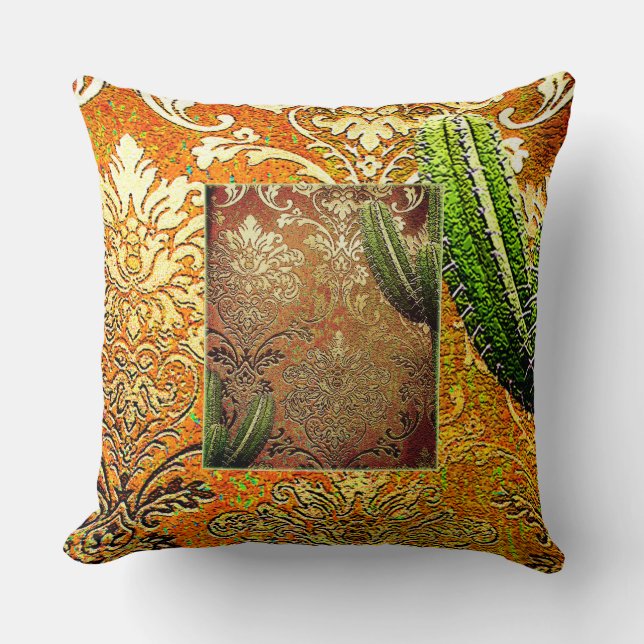 Vintage Chinese Cactus & Geometrisch Motief Kussen (Voorkant)