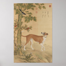 Vintage Chinese Greyhound Hond & Vogel Kunst Poster