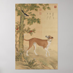 Vintage Chinese Greyhound-hond & vogelkunst Poster