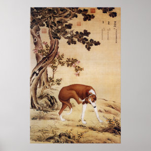 Vintage Chinese Greyhound onder dennenboom kunst Poster